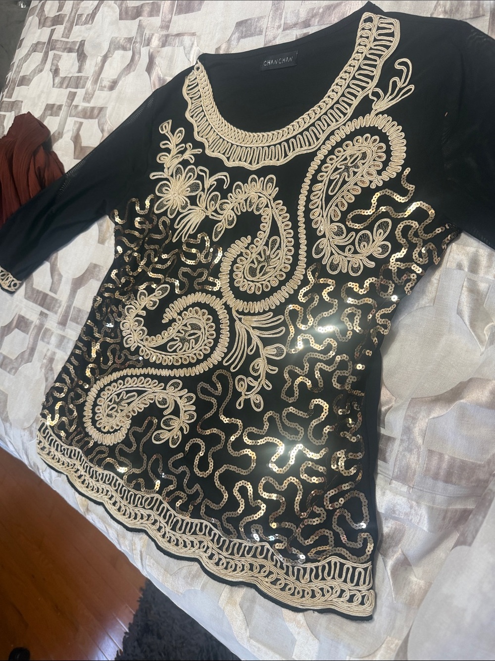 Chaus Black Top with Gold Paisley Embroidery